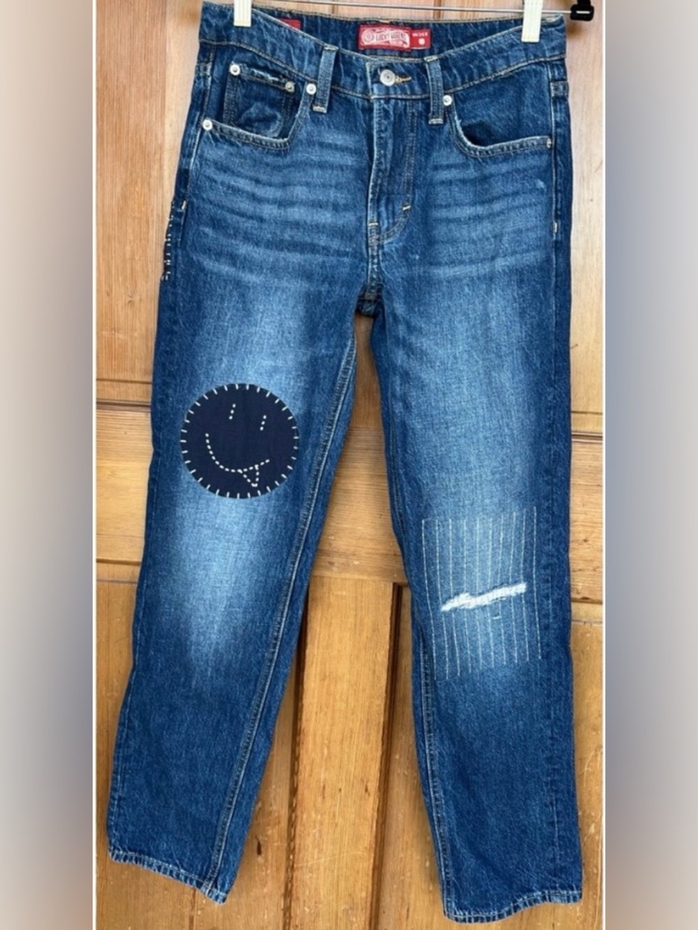Lucky Brand Boy Mid Rise Relaxed Straight Jeans w/ Patches, Sz 24/00
